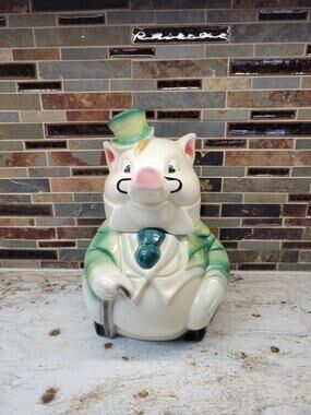 Vintage American Retro Ceramic Pig Cookie Jar Tuxedo Top Hat Green W7
